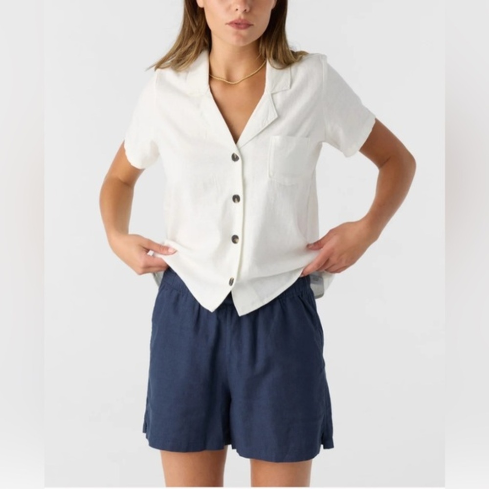 Hang Ten White Linen Blend Goldie Woven Slightly Cropped Top Beach NWT L #2315